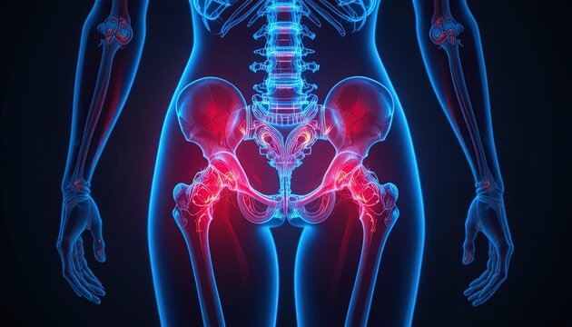 Skeletal hip pain anatomy for medical research and treatment, perfect for innovative healthcare marketing or informative wellness content creation now