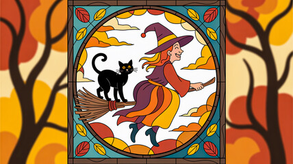 A whimsical illustration of a witch flying on a broomstick with her black cat, framed in a circular stained-glass window with autumn trees in the background.