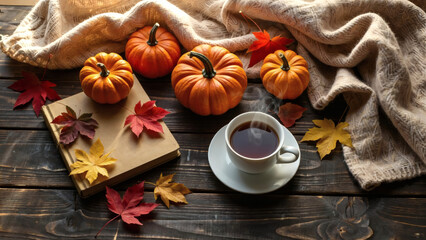 Cozy autumn still life on a wooden table small pumpkins