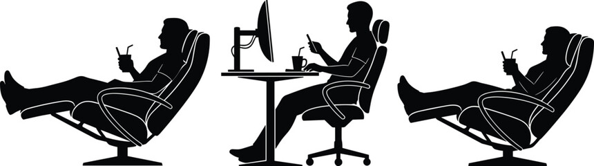 Silhouette of man relaxing and working at computer desk with drink and smartphone, modern lifestyle, technology, remote work, digital communication concept