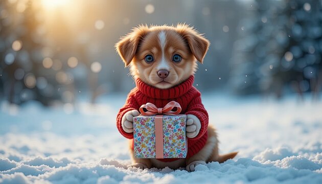 Adorable puppy in cozy sweater holding a Christmas gift in snowy winter wonderland, spreading holiday cheer and festive joy with bright, captivating eyes