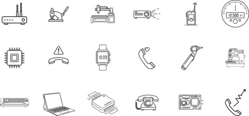 Assorted line art icons depicting various technological devices router, hand press, cnc machine, projector, walkie talkie