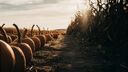 wide shot of a pumpkin field during golden hour