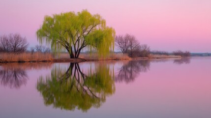 A serene lake at sunset with a willow tree in the foreground and a pink sky in the background.