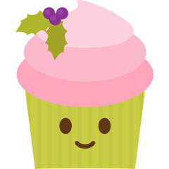 Cute Cartoon Cupcake With Pink Frosting Green Wrapper And Holly Berry Decoration On White Background Simple Festive Treat Illustration