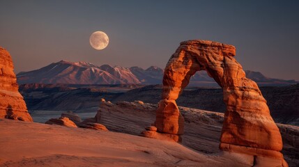 A stunning arch formation with a full moon in the background, set against a vibrant orange and red rock landscape under a clear sky.