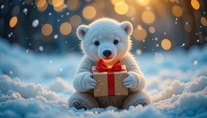 Adorable polar bear cub holding a Christmas gift in a snowy wonderland, perfect for holiday cards and winter promotions that spread joy and warmth