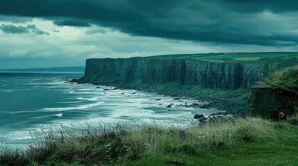 A dramatic coastal scene with tall cliffs meeting a turbulent ocean under a moody sky