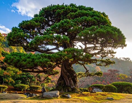 Large, mature tree with dark, twisted trunk, green foliage, outdoors