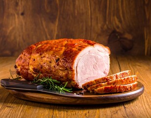 Roasted Pork Loin with Slices on Wooden Plate.