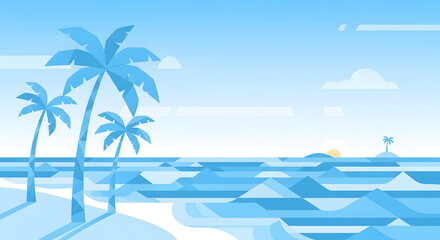Tropical Beach Scene with Palm Trees and Ocean Illustration