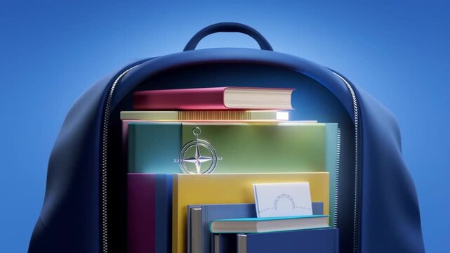 Modern backpack with colorful books and school supplies peeking out in a vibrant blue background showcasing organization and style for students and professionals