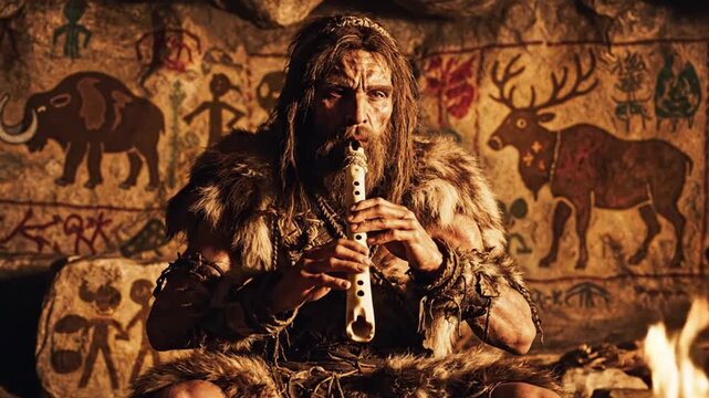 Prehistoric caveman playing wooden flute inside ancient cave surrounded by primitive wall paintings and firelight creating atmospheric stone age scene