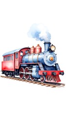 Illustration of a vintage locomotive with a red passenger car