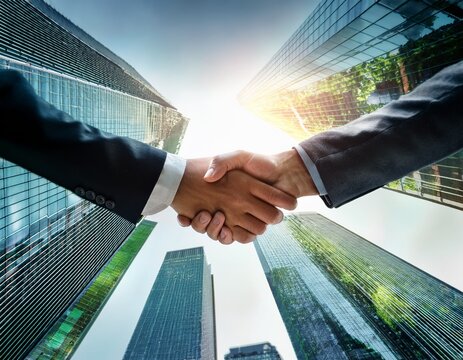 Dynamic business partners seal a crucial deal with a firm handshake amidst soaring modern skyscrapers, symbolizing growth and success in a vibrant urban landscape.