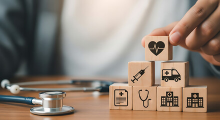 Doctor arranging wooden blocks with medical icons for health insurance and healthcare planning