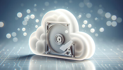 Cloud to Hardware Data Transition: Frosted Glassmorphism Icon of a Fluffy Cloud Morphing into a Solid State Drive