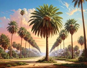 Fototapeta premium A sunlit path leads through an avenue of lush palm trees against a vibrant sky at dusk