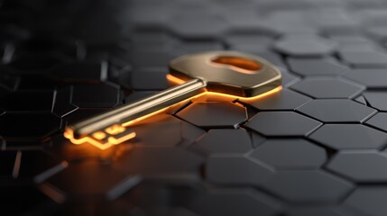 A golden key with a keyhole on a black hexagonal patterned surface, with a glowing effect, set against a black background.