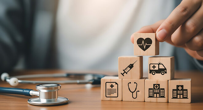 Doctor arranging wooden blocks with medical icons for health insurance and healthcare planning