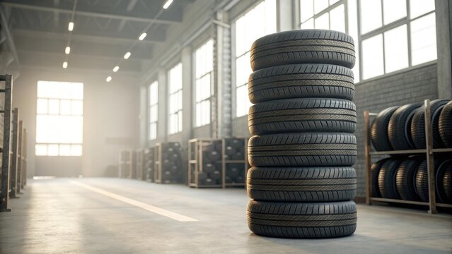 A tall stack of new automobile tires standing in a spacious industrial warehouse bathed in soft daylight