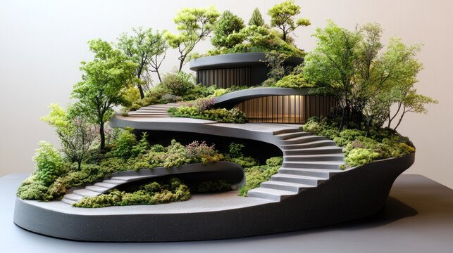 A miniature architectural model blending modern design with lush greenery and winding staircases