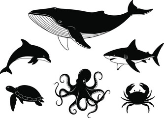 Marine animal silhouette set, black-and-white vector icons of whale, shark, dolphin, turtle, octopus, and crab for ocean themes