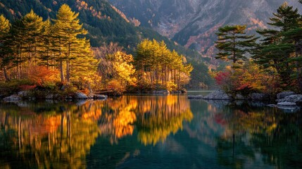 Fototapeta premium Autumnal landscape with trees in vibrant fall colors, a lake, and mountains in the background, reflecting the colors of the trees.