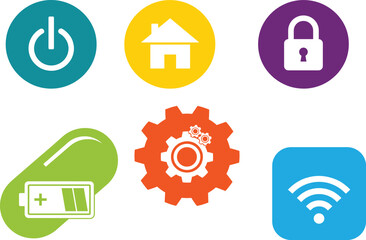 Smart device icon set, colorful circular buttons with power, home, lock, battery, Wi-Fi, and gear symbols for UI templates