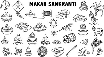 Makar Sankranti Festival Doodle Set - Hand-Drawn Traditional Indian Harvest Celebration Elements Collection