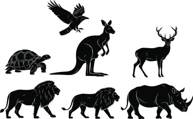 Wild animal silhouette set, black vector icons of crow, kangaroo, deer, tortoise, lion, and rhinoceros for nature and safari themes