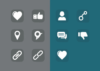 Social media icon set, dual-style grid with heart, thumbs, location, link, profile, and chat symbols for UI templates