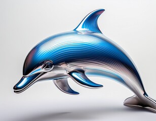 Stunning chrome dolphin sculpture with vibrant blue accents, perfect for modern art collectors and ocean conservation campaigns, embodying sleek design and marine life