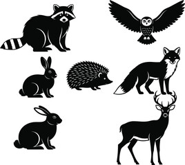 Naklejka premium Woodland animal silhouette set, black-and-white vector icons of fox, deer, owl, raccoon, rabbit, hare, and hedgehog