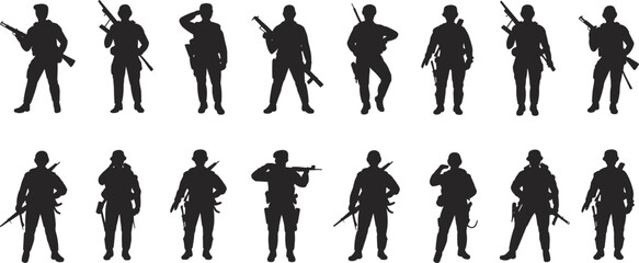 Military soldier silhouettes in combat poses with rifles, helmets, and gear — ideal for defense, army, war, strategy, and tactical design projects on Adobe Stock