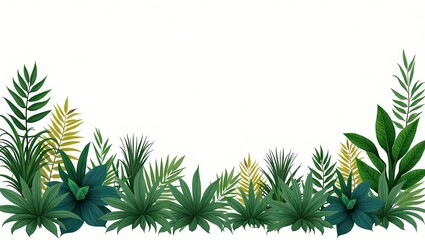 Verdant assortment of lush, vibrant green foliage showcases diverse plant types, creating a natural border against a clean, bright white background, with a composition providing ample blank space