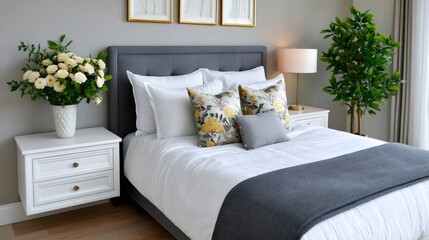 Fototapeta premium Bedroom interior design presenting modern tranquil living