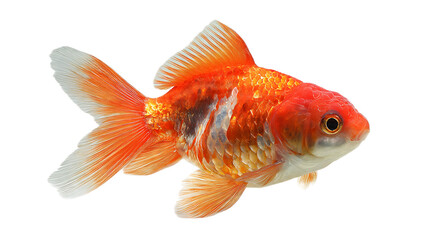 Close up of a vibrant orange and white fantail goldfish swimming in a black background studio shot