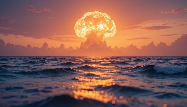Dramatic ocean sunset featuring a powerful explosion with vibrant orange hues creating a surreal, apocalyptic yet beautiful landscape scene at dusk