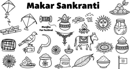 Makar Sankranti Line Art: Traditional Festival Elements Illustration