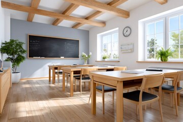 Empty bright classroom with wooden furniture and chalkboard