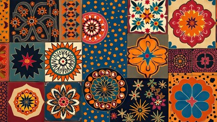 Colorful and vibrant design showcases an array of geometric patterns and floral motifs, presented in a mosaic-like composition with a diverse range of shapes, textures, and captivating color...