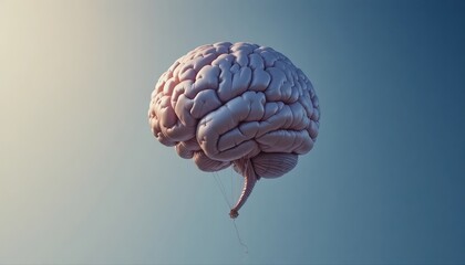 A surreal photo of a realistic brain-shaped balloon floating in a clear blue sky, symbolizing creativity, imagination, and the power of free thinking