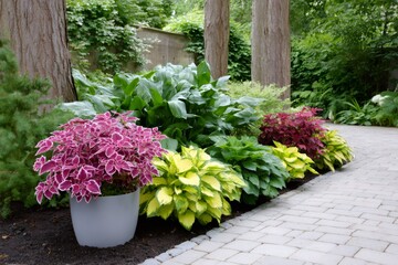 Lush garden landscaping featuring vibrant coleus and hosta plants