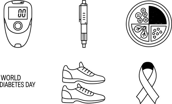 World Diabetes Day awareness icons Glucose meter, pen, blood sample, running shoes, and ribbon symbol - Powered by Adobe