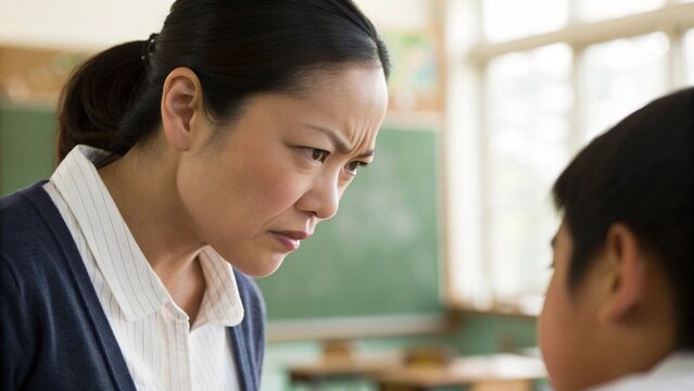 Close Up of Asian Female Teacher Scolding Student in Classroom for Education and Discipline Concept