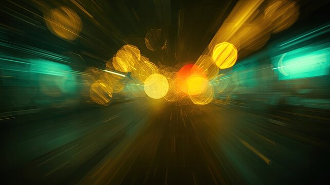 Illuminated orbs of light blur across a dark green and black abstract backdrop. A composition that utilizes bokeh effects and streaking lines, creating a dynamic and visually captivating display.