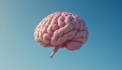 A surreal photo of a realistic brain-shaped balloon floating in a clear blue sky, symbolizing creativity, imagination, and the power of free thinking