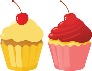 Two colorful cupcakes with cherries on top isolated on white background