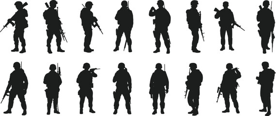 Set of 16 military soldier silhouettes in dynamic combat poses with rifles and gear — perfect for defense, army, warfare, tactical design, and game asset projects